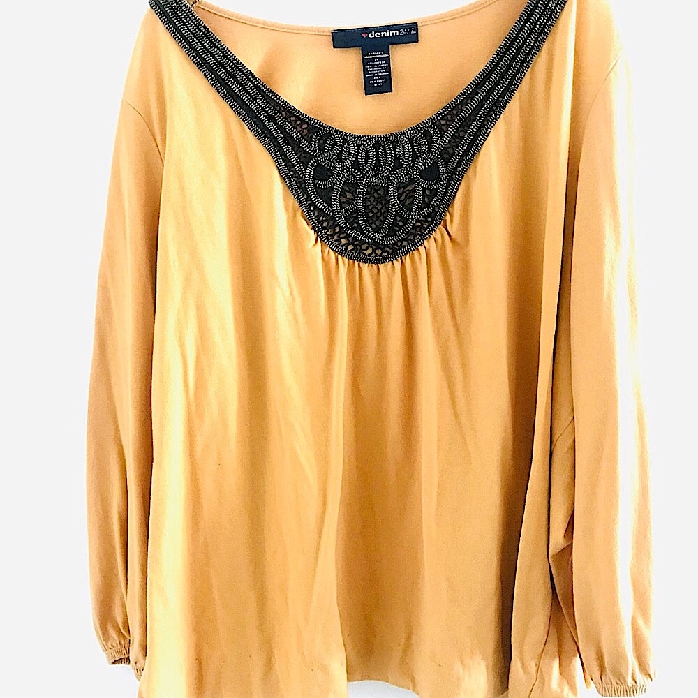 Denim 24/7 Tunic Black Silver Embellished Neck Mustard Yellow 2X